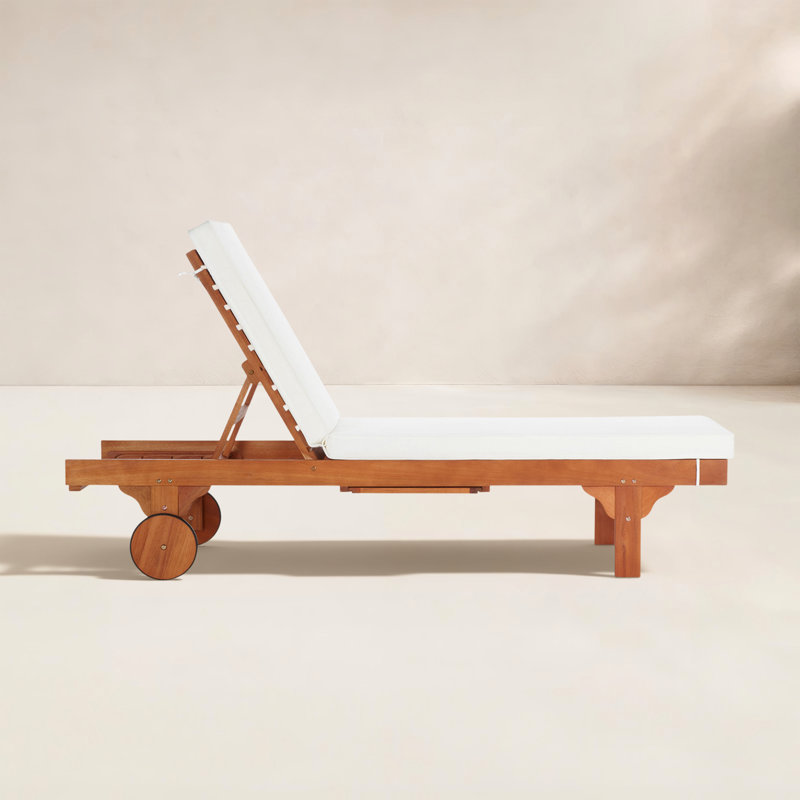 Outdoor Eucalyptus Wood Chaise Lounge , Cushion Included, Beige, Natural