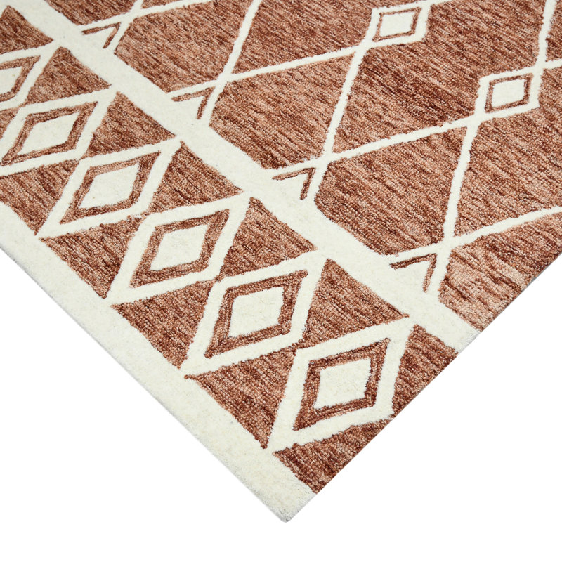 Tapis rouge en laine à boucles et crocheté à la main à motif géométrique Gittel, Rectangle 9 pi x 13 pi