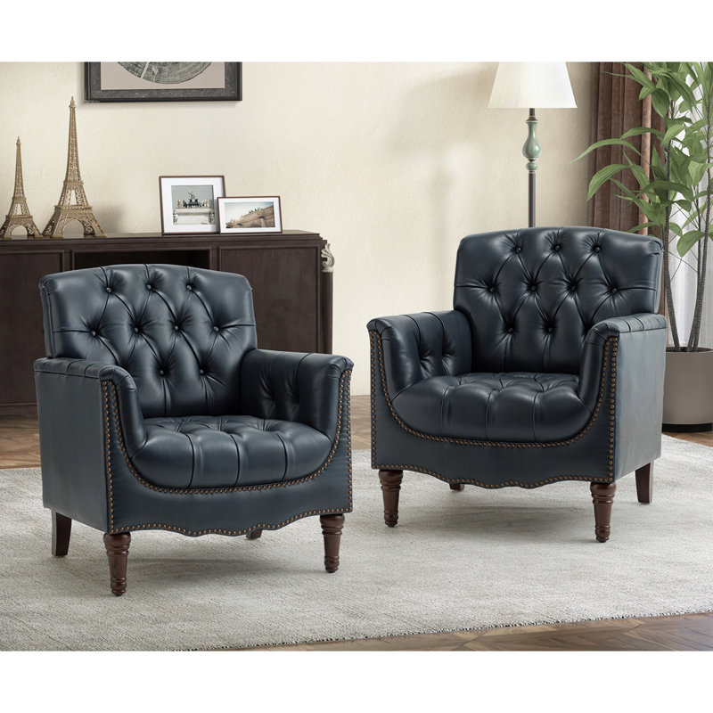 Annja 32" W Tufted Genuine Leather Armchair, Navy