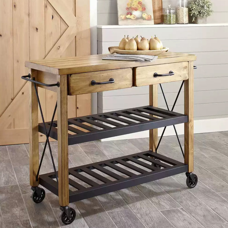 Chariot roulant pour îlot de cuisine avec tiroirs et tablettes de rangement ouvertes, Bois naturel