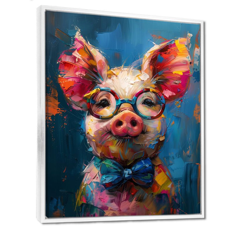 Curieux portrait de cochon bleu et rose, Toile encadrée flottée blanche, H 20 po x l 12 po x P 1 po