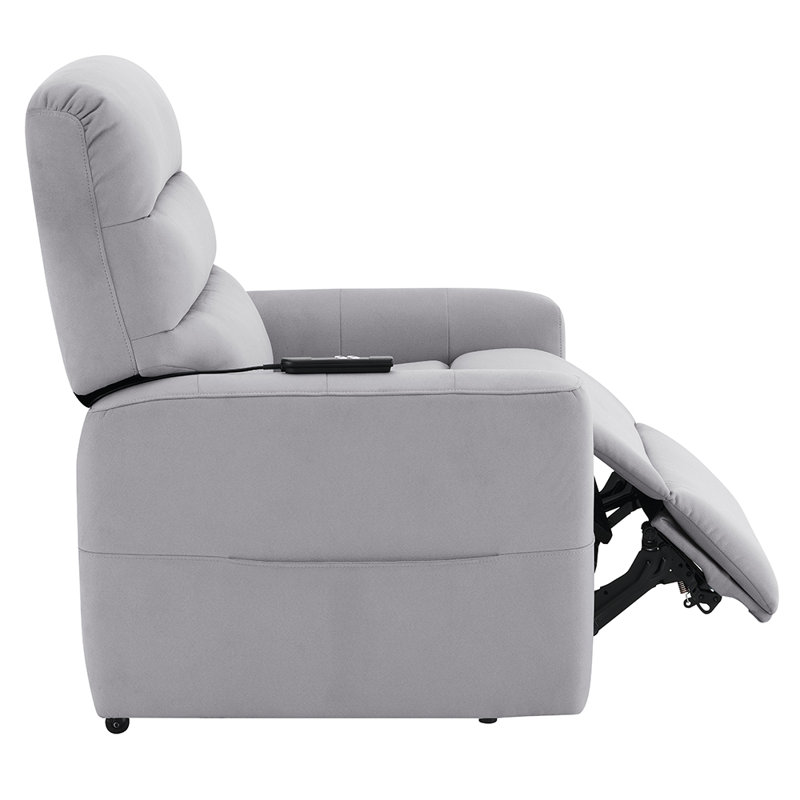 Fauteuil inclinable électrique moderne en similicuir gris pâle avec fonction releveur, inclinaison à 180°, télécommande et poche de rangement latérale
