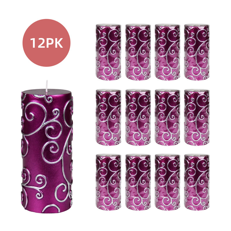 Bougie cylindrique sans parfum à volute, H 6 po x D 3 po, Mauve, Ensemble de 12