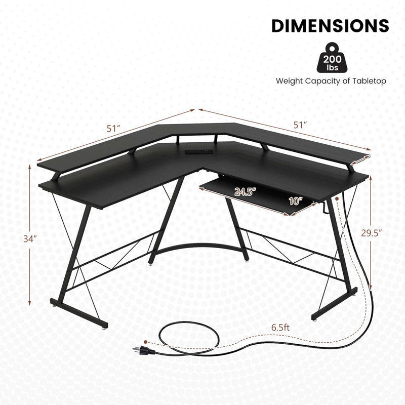 Bureau d'ordinateur en L de 51 po Mamurjon, Noir