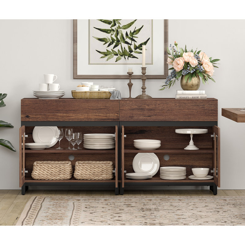 2 In 1 Multifunctional Sideboard Buffet Cabinets With 4 Glass Doors And 2 Drawers, Modern Sideboard Credenza With Metal Base, Coffee Bar Storage Cabinet For Living Room, Kitchen