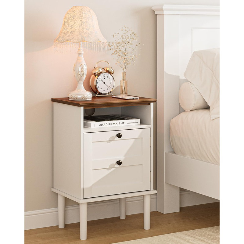Nightstand, Boho Night Stand With 1 Drawer, Modern Side Accent Table With Open Shelf, Wooden Top Bedside End Table For Bedroom, Living Room, White