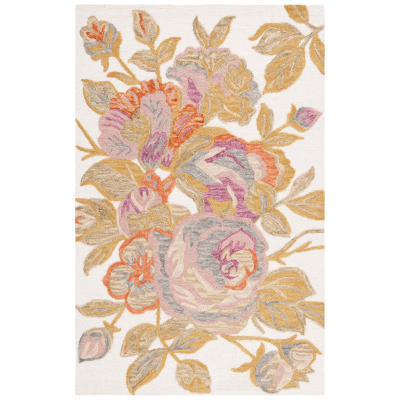 Marland Hand Tufted Wool Cotton Floral Rug in Ivory/Green, Rectangle 3' x 5'
