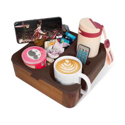 Porte-gobelet en bois d'acacia pour canapé, plateau porte-gobelet avec couvercle en silicone, organisateur pour télécommande et boissons