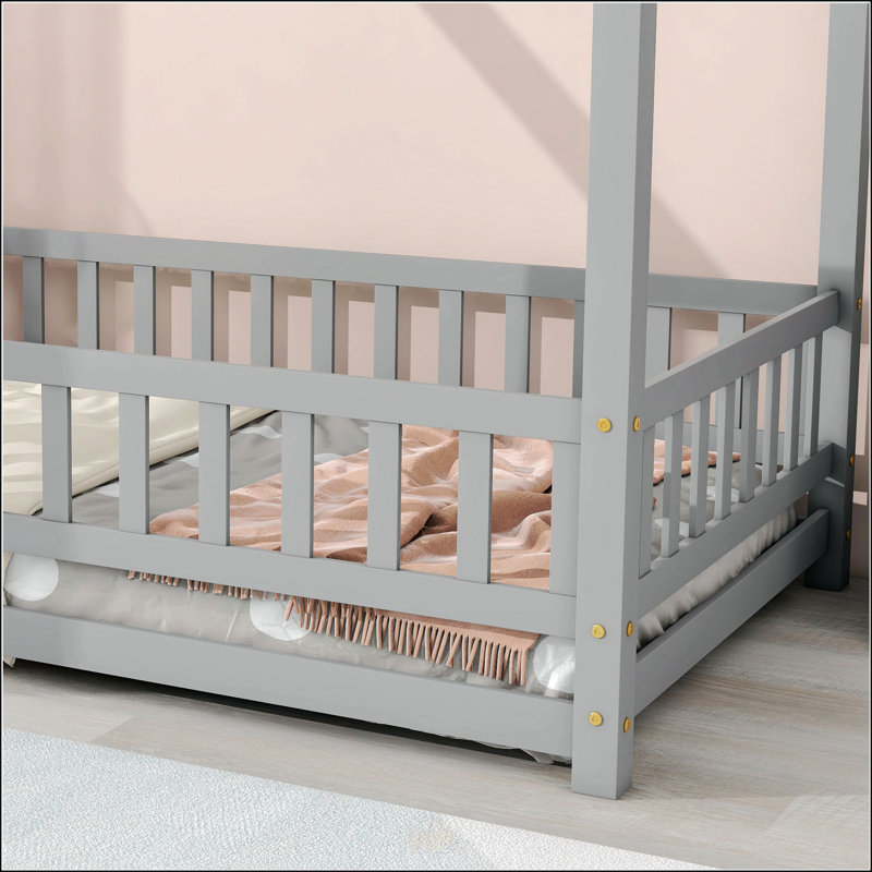 Lit simple en bois avec structure de toit, Lit simple, Gris