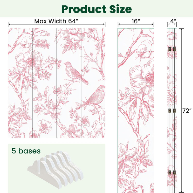 Paravent pliant à 4 panneaux, motif floral royal vintage, oiseaux et fleurs, toile rose pâle, séparateur de pièce autoportant, cloison de protection pour plus d'intimité