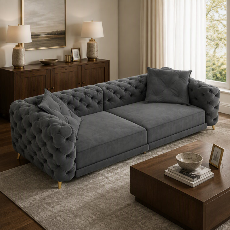 Canapé-lit convertible 3 en 1 avec siège profond, conception capitonnée et repose-pieds mobile pour une utilisation polyvalente dans les appartements, les bureaux et les chambres