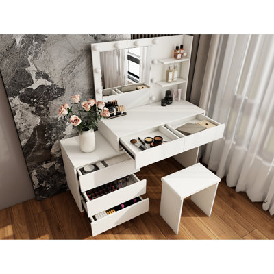 White Led Makeup Vanity Table With Matching Stool And Compartments For Cosmetics, , 103.88 Lb, 55.84 In Deep Lights, Mirror, Compartments, Stool, Suitable Beginners, 53.94 Height