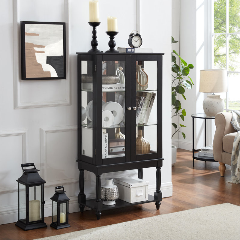 Curio Cabinet Lighted Curio Display Cabinet With Open Storage Space,Solid Wood Legs And Adjustable Shelves, Acrylic Mirrored Back Panel, Tempered Glass Doors,3 Tier And One Open Space(E26 Light Bulb N