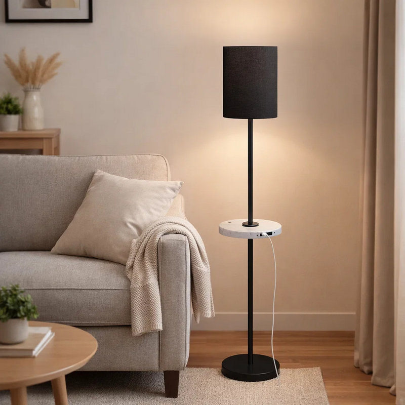 Nipo Floor Lamp W USB Port, 62 Inch Slim Black Metal, White Shelf, Black, Black