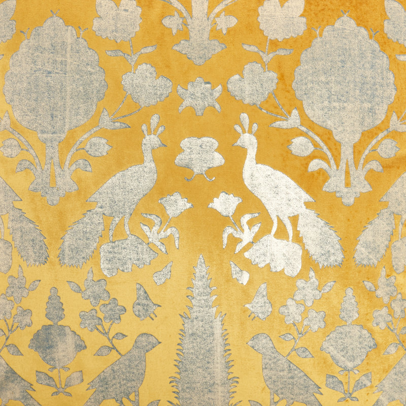 Golden Yellow Velvet Square Throw Pillow with Foil Print Birds