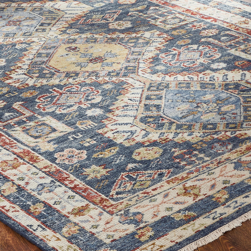 Pepa Hand Knotted Wool Area Rug, Rectangle 12' x 15', Blue/Ivory