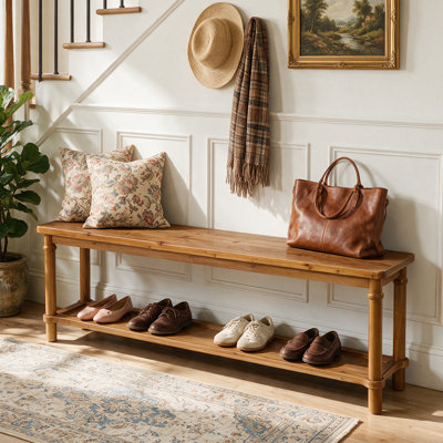 63" Solid Wood Entryway Bench, Farmhouse Shoe Storage Bench with 4 Solid Legs for Entryway