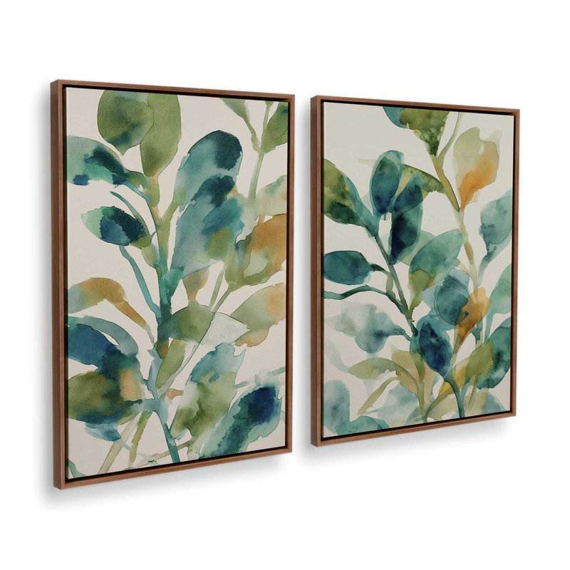 «Verdant Watercolor Bloom», ensemble de 2 impressions, 12 po x 8 po, Cadre flottant en noyer