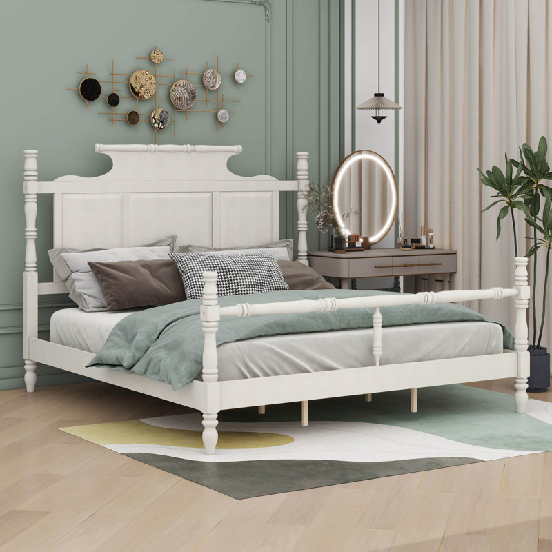 Cadre de lit très grand Mid-Century avec 4 affiches, Blanc rétro