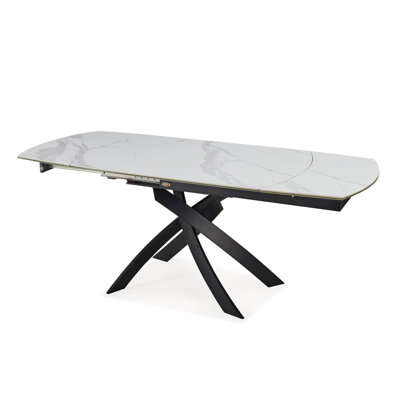47" Gray White and Black Ceramic and Metal Self-Storing Leaf Cross Leg Base Oval Extendable Dining Table