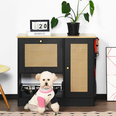 Pet Feeding Station With Door, 2 Lockers, Detachable Bowls, Black Finish Color Scheme