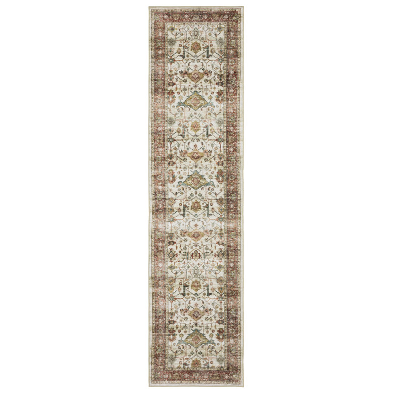Silas Vintage Bordered Traditional Ivory/Red Washable Area Rug Mat, Runner 2' x 8'