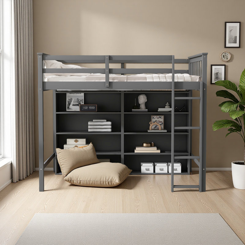 Loft Bed With 8 Open Storage Shelves And Built-In Ladder