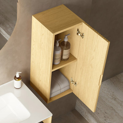 BOI 12" Wall-Mounted Floating Striped Bathroom Vanity Side Cabinet With A Door And A Shelf, (Suitable For BRON Bathroom Vanity), Corolla Oak Woodgrain Color