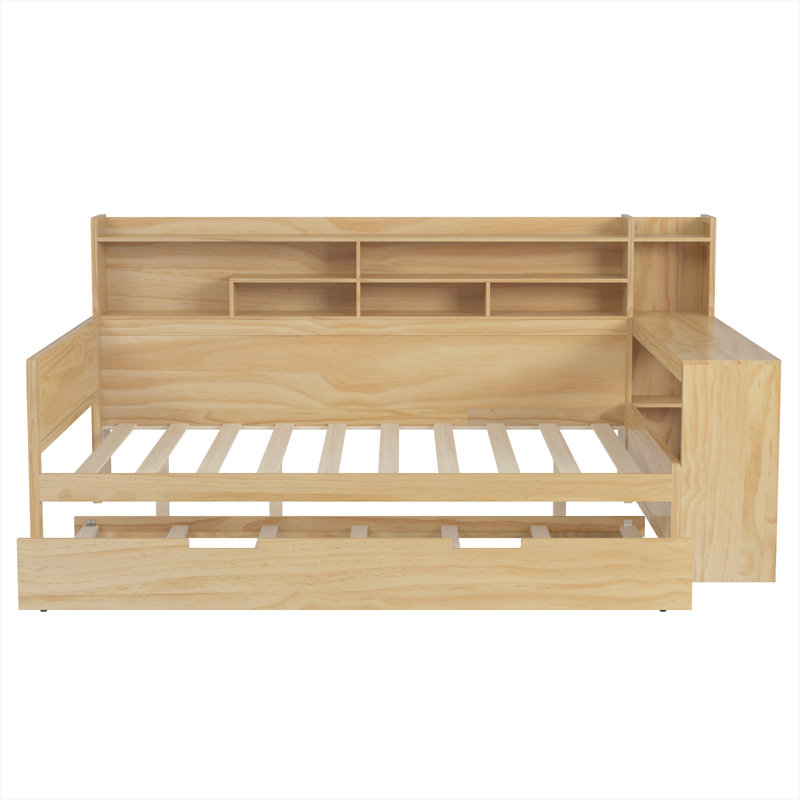 Natural Pine Full Daybed with Storage Shelves and Study Desk