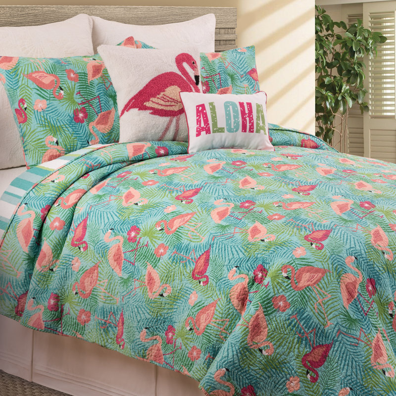 Ensemble de courtepointe réversible en coton Isla Tropics, Courtepointe pour lit simple + 1 taie décorative 