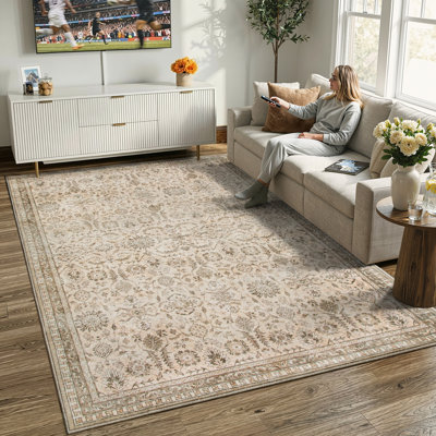 Tapis lavable à bordure florale rétro Watte avec envers antidérapant pour le salon et la chambre à coucher