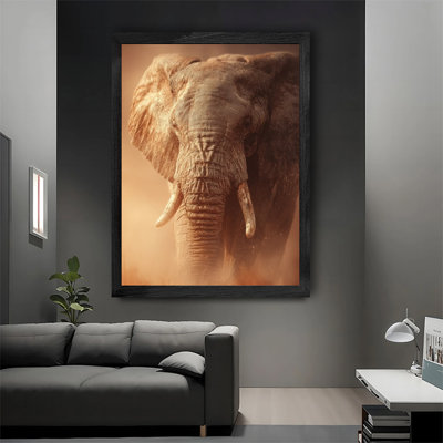 «Minimalist» encadré noir prêt à accrocher éléphant debout milieu champ prêt à accrocher impression haute définition de décoration sur toile