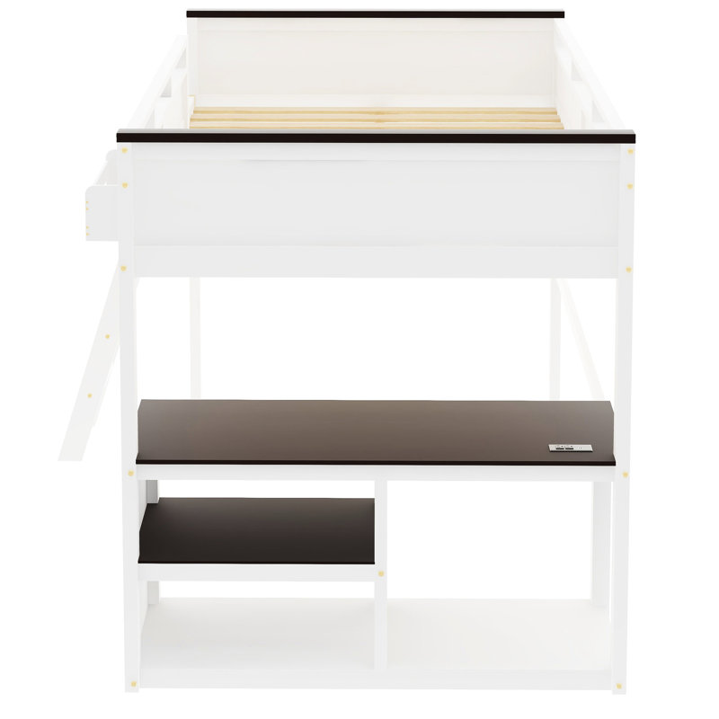 Grand lit mezzanine blanc avec bureau, compartiments de rangement et une tablette ouverte - construction, facile à assembler, tablette de bureau spacieuse, boîte en bois massif, garde-corps