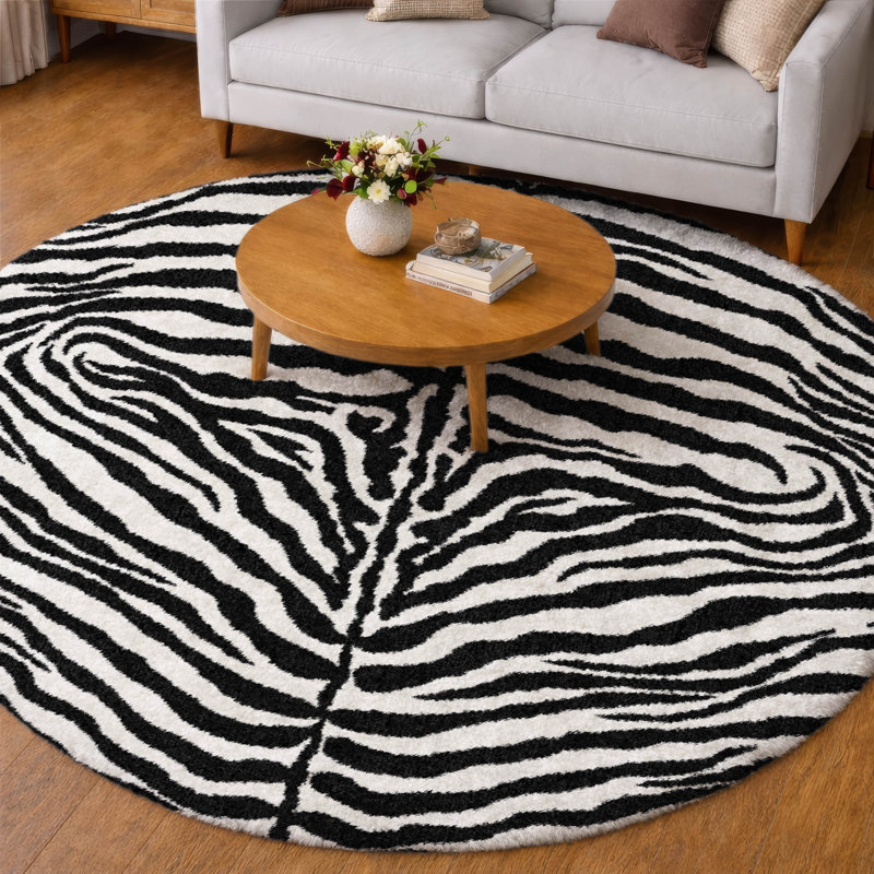 Premium Machine Washable Dream Shag Zebra Rug, Pearl, 8' Round