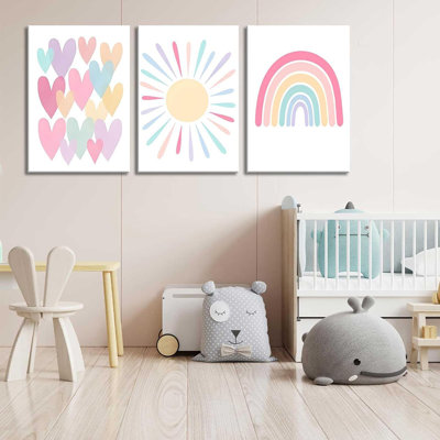 3Pcs Framed Pink Nursery Canvas Wall Art Rainbow Poster Kids Bedroom Baby Toddler Pastel Wall Decor Prints Sun Boho Pink Sunshine Painting For Classroom School Nursery Decoration 16X24in