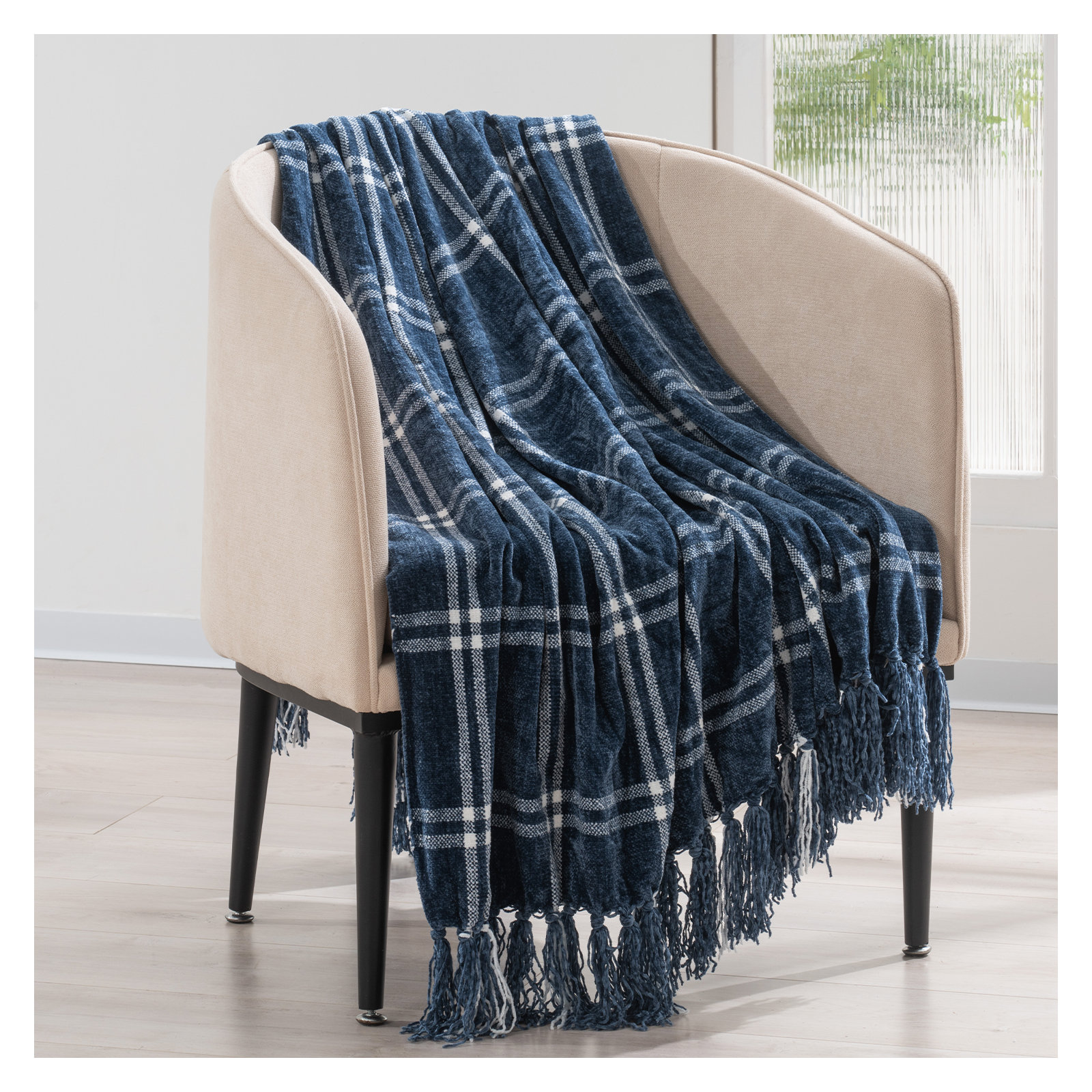 Soft Chenille Throw Blanket, 60" L x 50" W, Navy Blue/White Plaid
