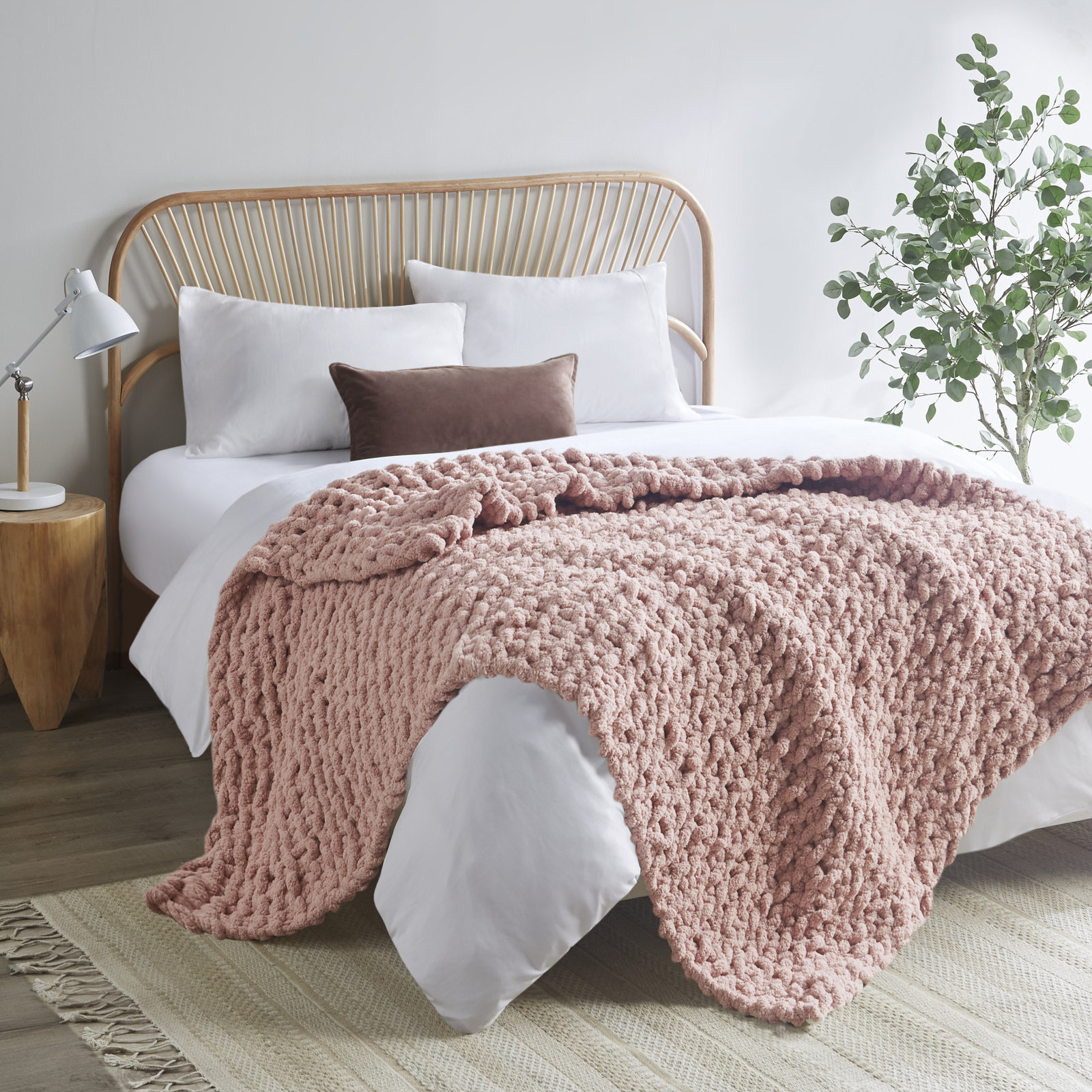 Chenille Chunky Knit Throw Blanket, Blush