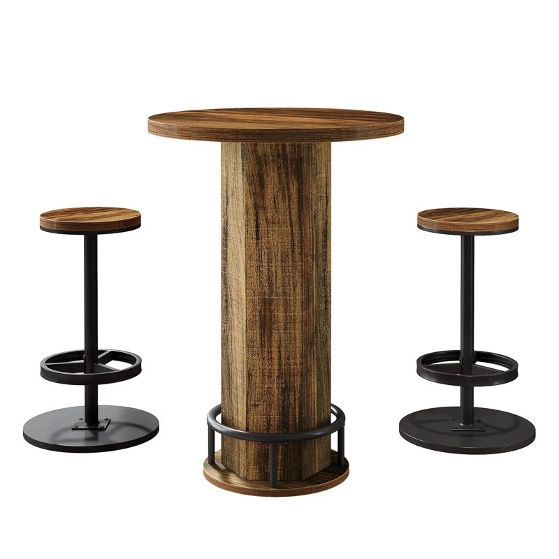 Ensemble de table de bar 3 pièces de style industriel et champêtre, table basse ronde de style pub avec 2 tabourets de bar pour coin bar ou cuisine.