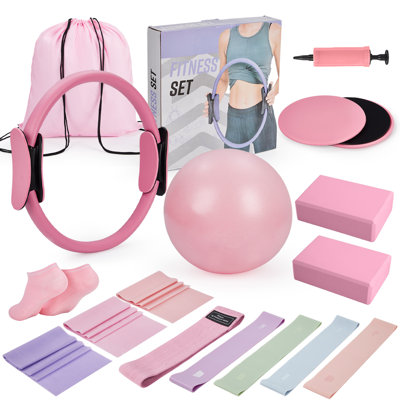 17-in-1 Pilates Kit 9,8in Ball Resistance Bands Yoga Blocks Ring Gliding Discs Pink Home Workout Set for Toning