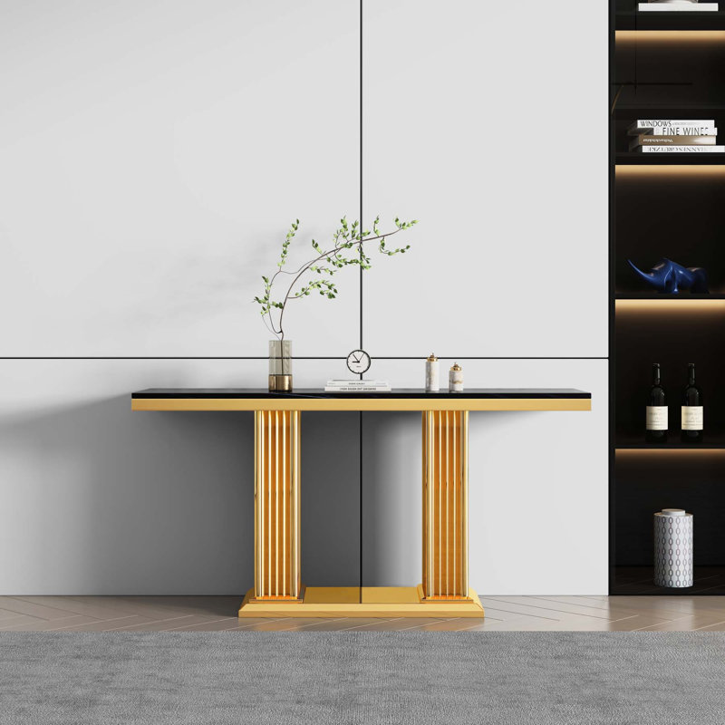 59.06'' Marble Top Console Table, Black, Gold