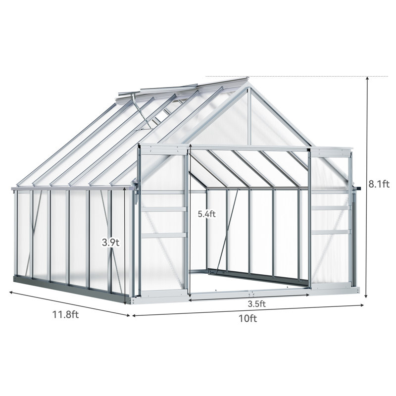  Serre en polycarbonate à double paroi 10 pi x 12 pi avec cadre en aluminium 