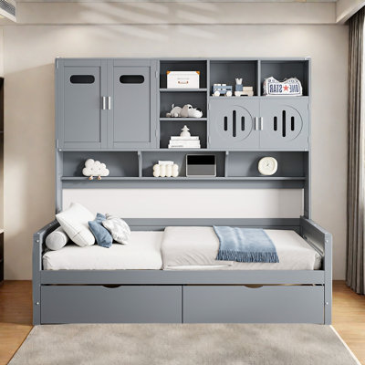 All-in-one Wooden Daybed With 2 Drawers, Cabinets And Shelves