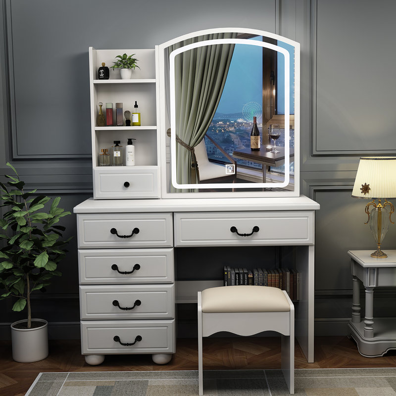 Bureau de coiffeuse Fashion avec miroir et lumières pour le maquillage, miroir de coiffeuse avec lumières et ensemble de table