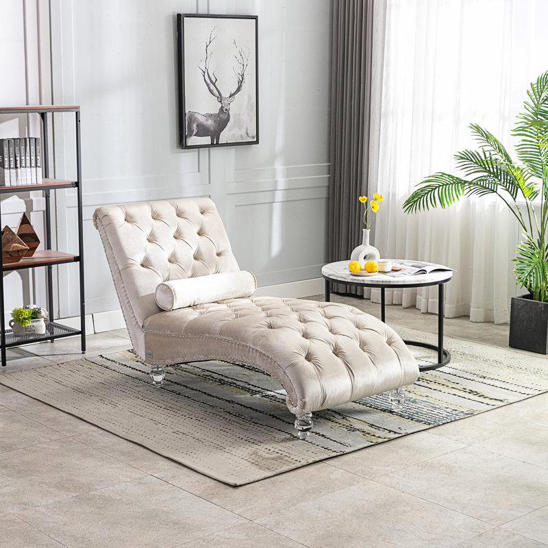 Chaise longue d'intérieur rembourrée capitonnée à boutons avec coussin, Beige
