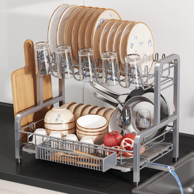 2 Tier Large Stainless Steel Dish Drying Rack for Kitchen Counter | Big Dish Drainer with Drainboard, Cup & Utensil Holder, Space Saving Rustproof Countertop Metal Plate Dryer Rack, Fast Drain