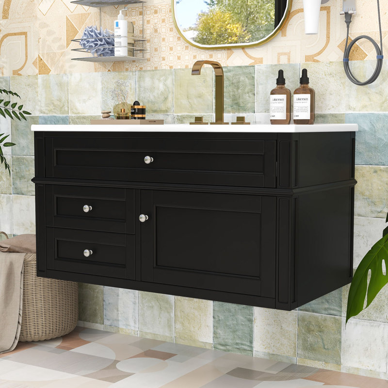 Meuble-lavabo mural moderne avec lavabo en céramique, portes à fermeture douce et grand espace de rangement, Black