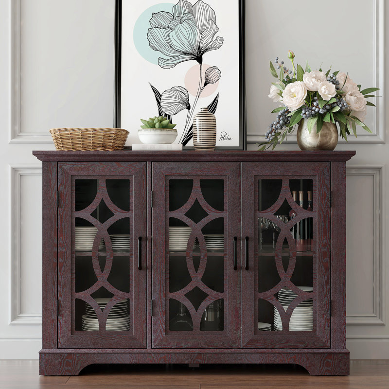 Buffet 48 po x 48 po x 15,55 po x 34,06 po avec 3 portes en verre trempé transparent avec tablette réglable, Noir