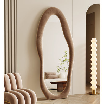 Large Full Length Mirror 70.8"x31.5", Oversized Irregular Wavy Mirror, Arched Floor Mirror, Wall Mirror Standing Hanging Or Leaning Against Wall For Bedroom, Flannel Wrapped Wooden Frame Mirror