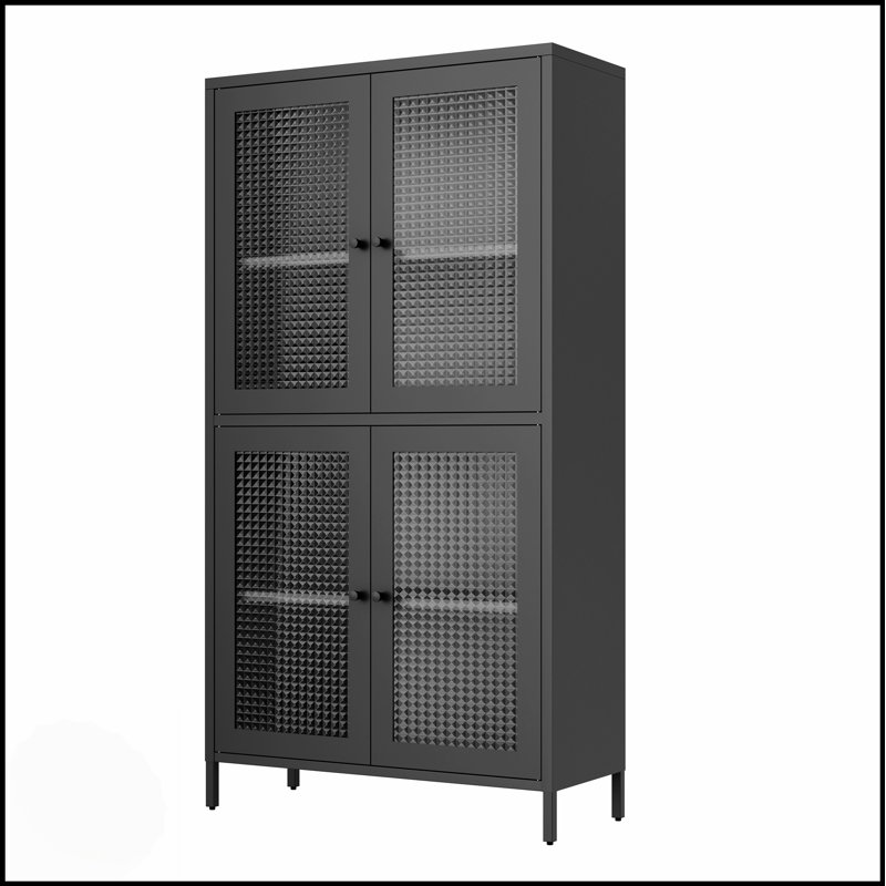 Classic Metal Storage Cabinet With 4 Glass Doors And 4 Adjustable Shelves, Waffle Grid Tempered Glass For Display And Organization