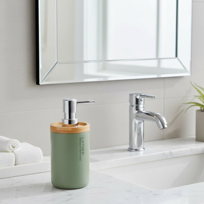 Stylish Matte Beige Soap Dispenser with Natural Bamboo Top - Polyresin Hand Lotion Pump